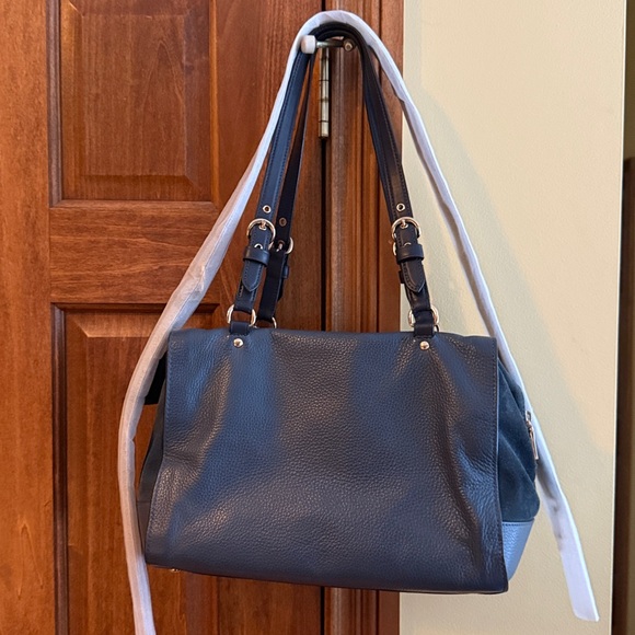 Coach Kleo Carryall Denim Leather Suede Navy Blue Authentic Satchel Handbag - Picture 10 of 13